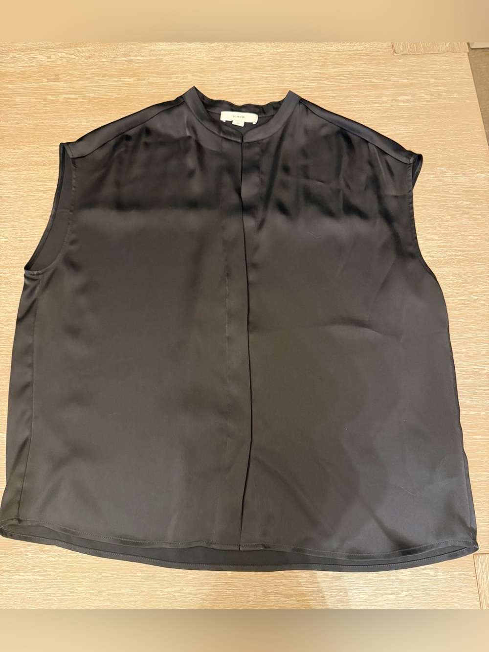 Vince Satin Sleeveless Split Neck Top Black Small